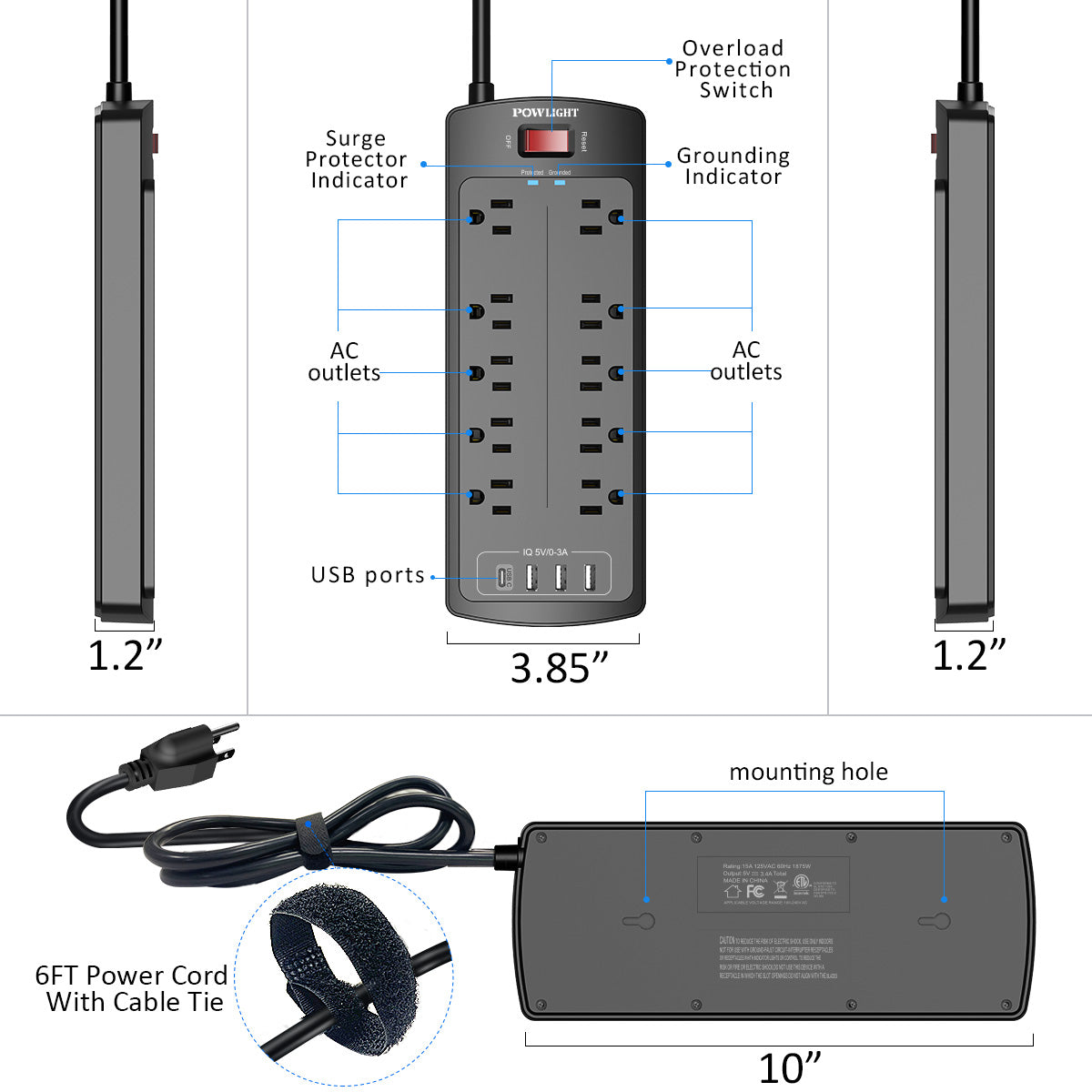 14-in-1 Surge Protector Power Strip - 10 AC Outlets and 4 USB Ports (1 USB-C), 6FT Heavy-Duty Extension Cord, Overload Protection for Home Office Use, Black