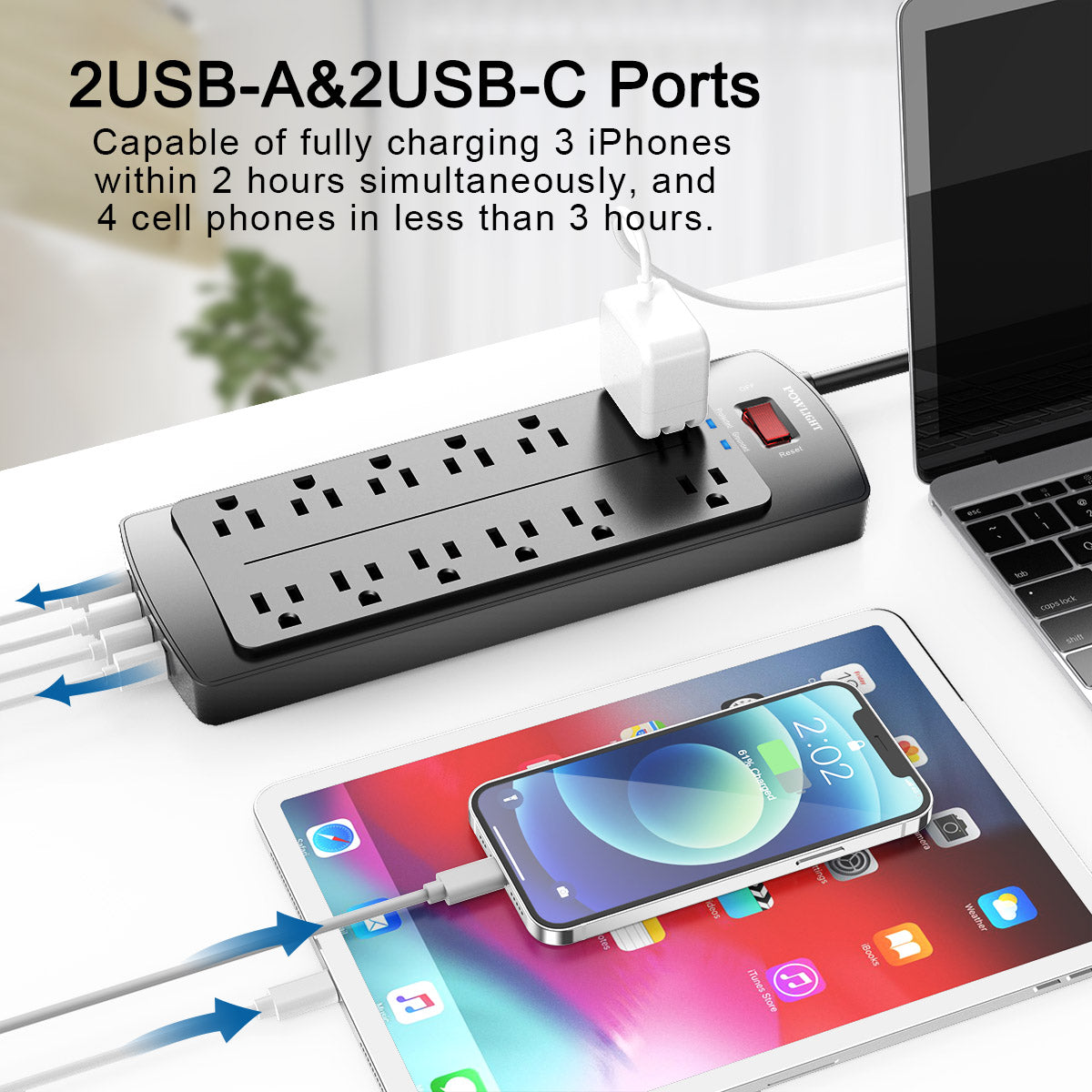 Surge Protector Power Strip with 12 AC Outlets, 4 USB Charging Ports (2 USB-C), 2700J Surge Protection, 6 Ft Extension Cord (1875W/15A) for Home and Office Use