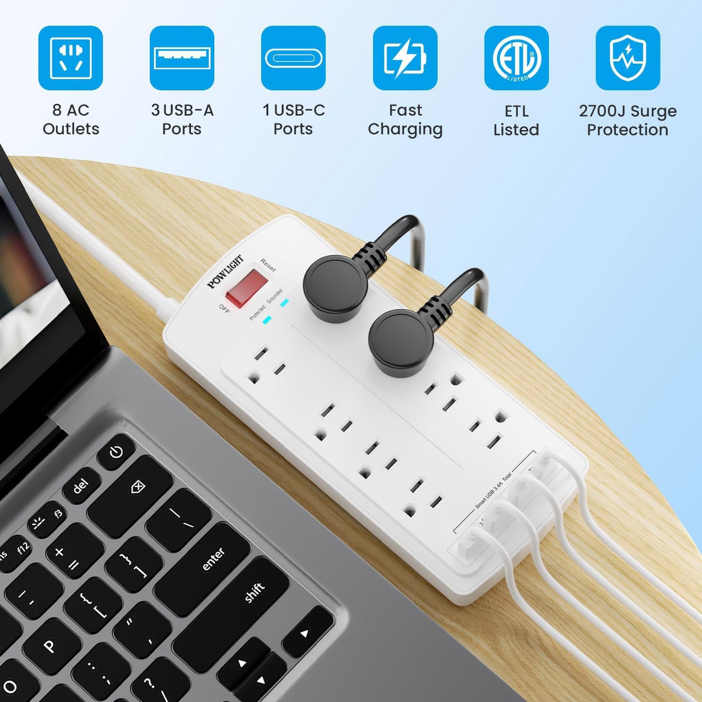 Surge Protector with USB, 8 Widely Spaced Outlets and 4 USB Ports (USB-C), 6FT Cord, 2700J, for Home Office Electronics, ETL
