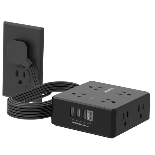 Ultra-Thin 6Ft Flat Plug Power Strip, 8 AC Outlets and 4 USB Ports (1 USB C), for Dorm & Office, Black