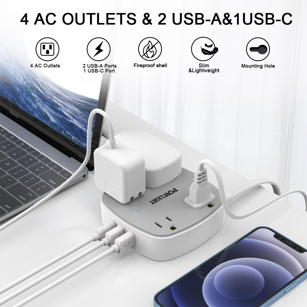 Flat Plug Power Strip with USB, 4 Outlets + 3 USB Ports (1 USB-C), 6FT Ultra-Thin Flat Cord, Surge Protection for Bedroom, Desk, Travel Use