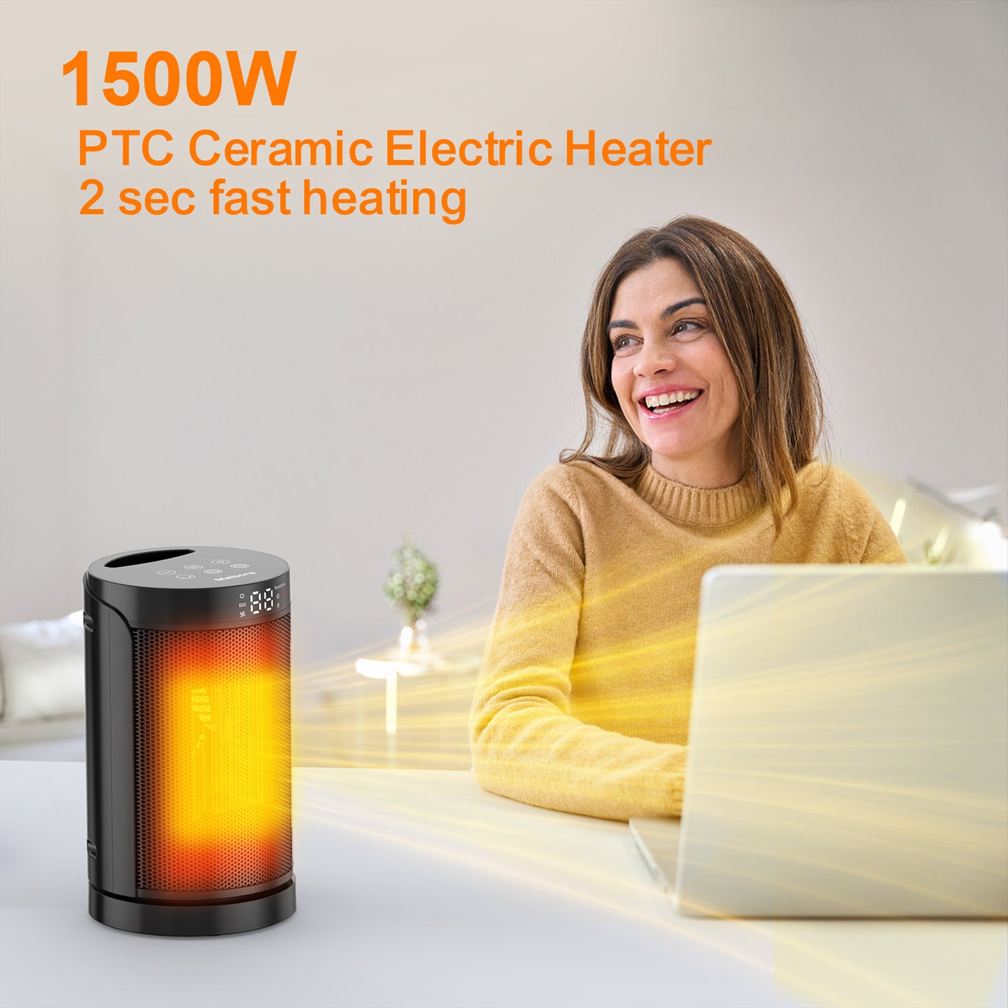 Portable Electric Heater - LED Screen and 3 Modes, ECO Temperature Control, Remote & Oscillating, Space Heater for Office, Bedroom