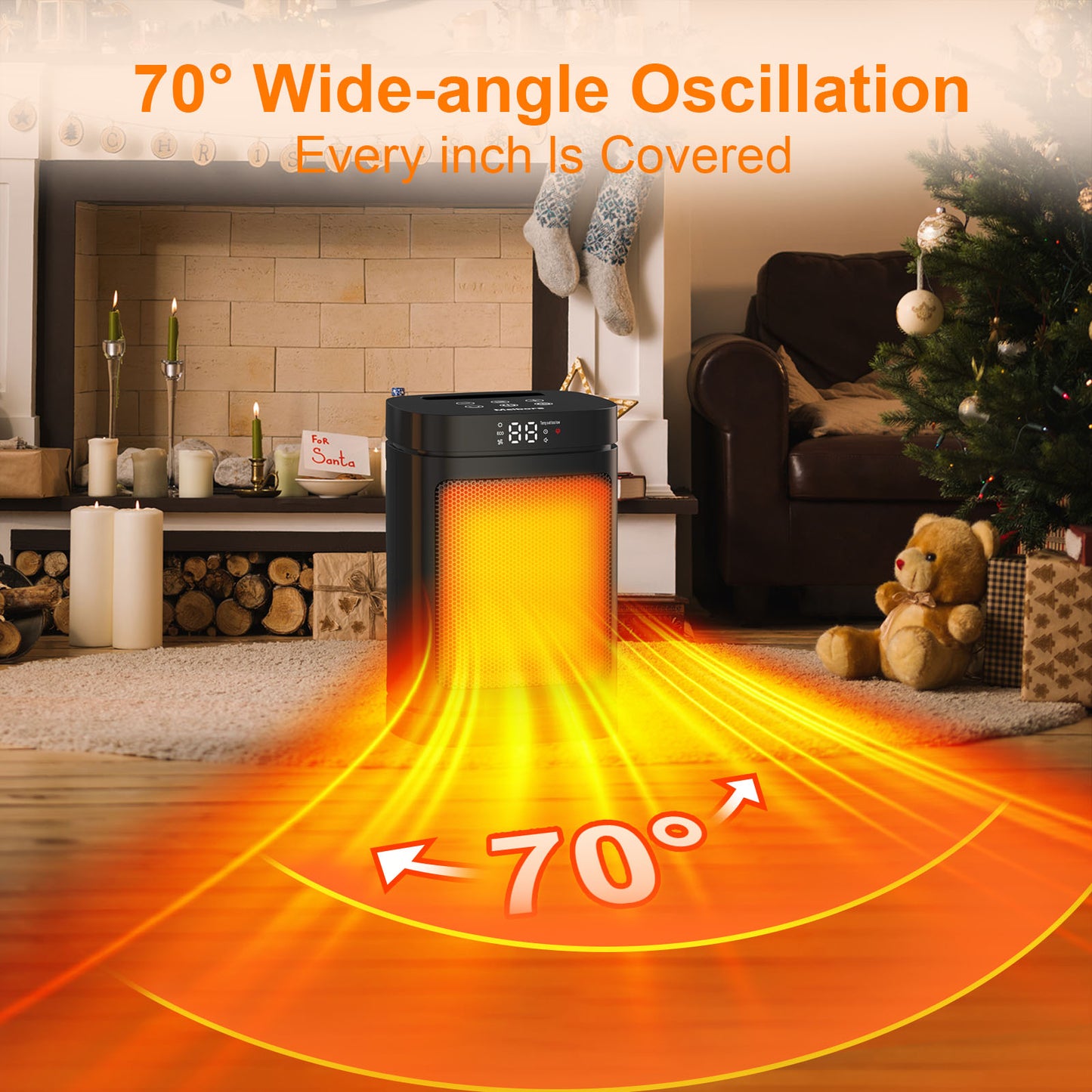 Compact Indoor Space Heater - 3 Heat Settings/ECO Temperature Control, Remote Control with Wide-Angle Oscillation, LED Display, Electric Heater for Home and Office