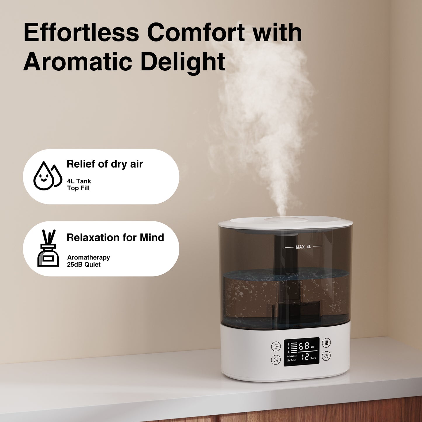 Humidifiers for Bedroom and Home & Baby - 4L Cool Mist Air Humidifiers for Plants, 26db Quiet Top Fill Air Humidifier Lasts Up to 40 Hours, Auto Shut-Off, Super Easy to Fill and Clean