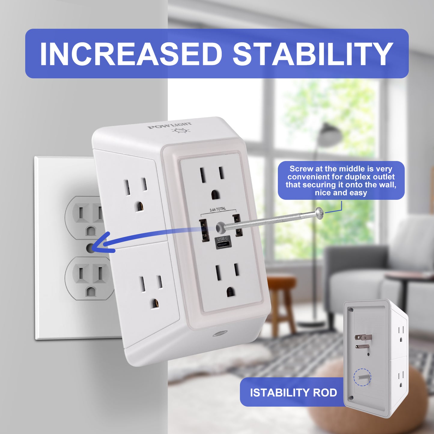 3-Sided Power Strip Outlet Extender - 6 AC Outlets, 3 USB Ports (1 USB-C) and Touch Night Light, Surge Protector for Home, Office, Dorm, White