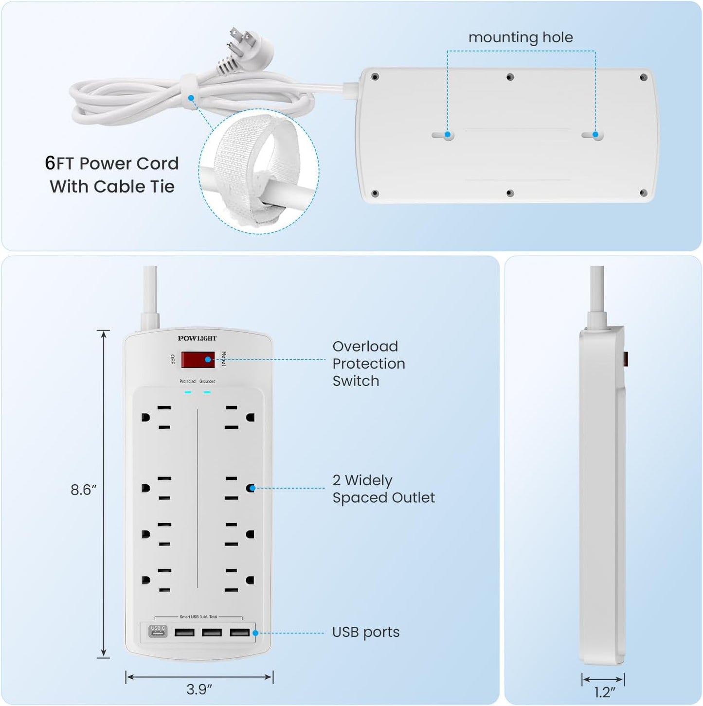 Surge Protector with USB, 8 Widely Spaced Outlets and 4 USB Ports (USB-C), 6FT Cord, 2700J, for Home Office Electronics, ETL