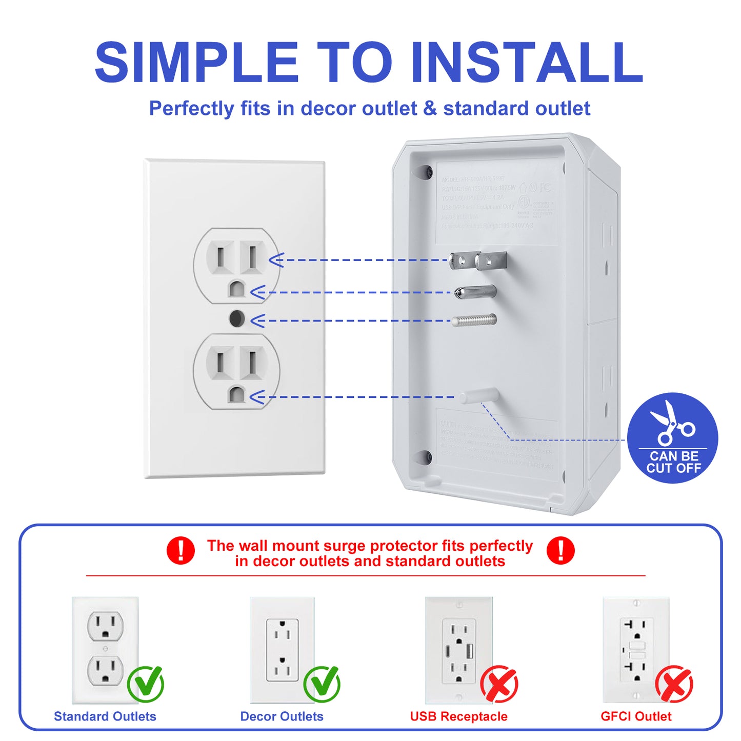 Surge Protector Outlet with 5 AC Outlets and 4 USB Ports (1 USB-C), Multi-Plug Wall Adapter for Home, School, and Office, ETL Certified