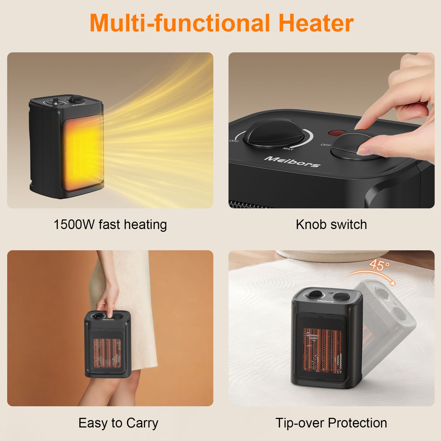 1500W Portable Space Heater for Indoor Use, Fast Heating for Rooms up to 200 sq.ft, Overheat & Tip-Over Protection, Compact Electric Heater for Home & Office Use