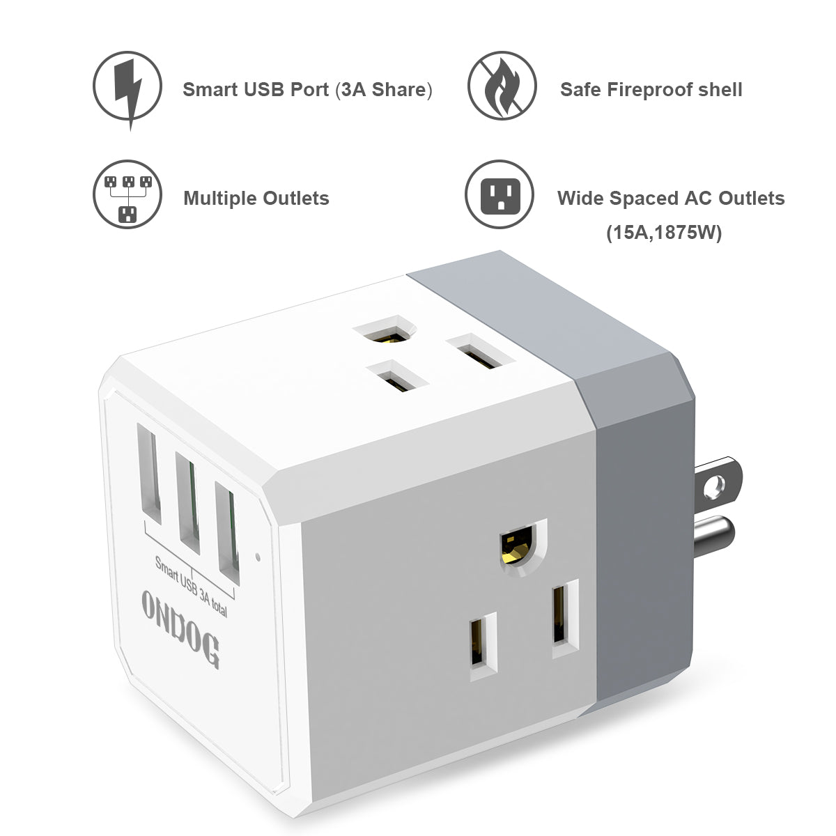 3-Outlet USB Wall Plug Adapter - 3 USB Ports, Splitter for Home, Office, and Cruise Use Essential, ETL Listed