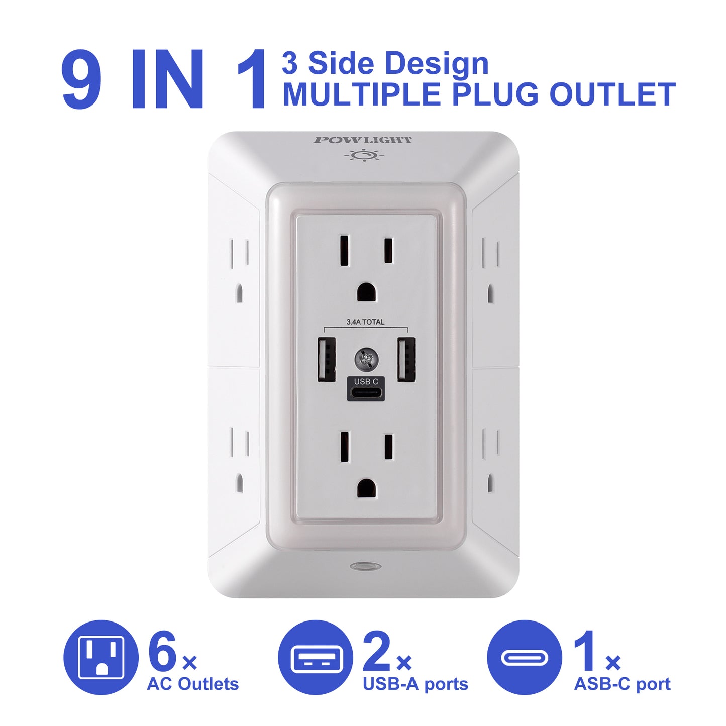 3-Sided Power Strip Outlet Extender - 6 AC Outlets, 3 USB Ports (1 USB-C) and Touch Night Light, Surge Protector for Home, Office, Dorm, White