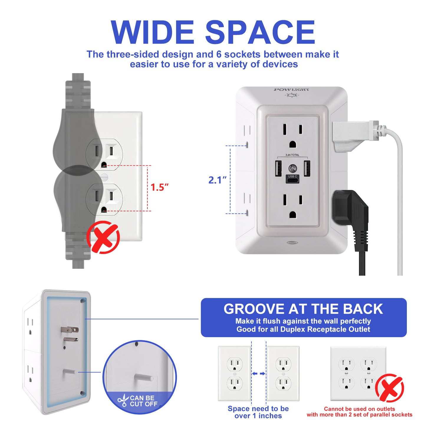 3-Sided Power Strip Outlet Extender - 6 AC Outlets, 3 USB Ports (1 USB-C) and Touch Night Light, Surge Protector for Home, Office, Dorm, White