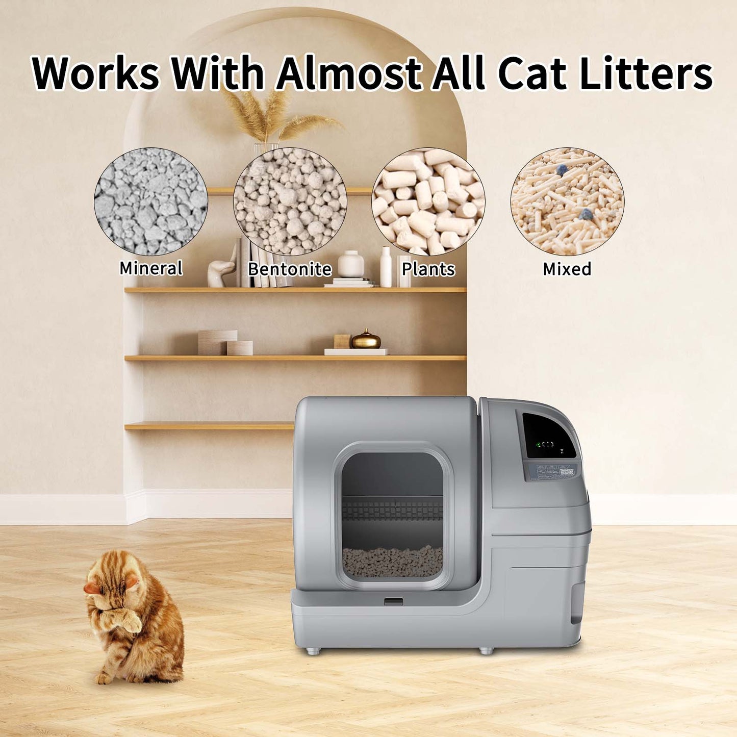 Extra Large Self Cleaning Cat Litter Box with APP Control & Safe Alert & Smart Health Monitor, Grey