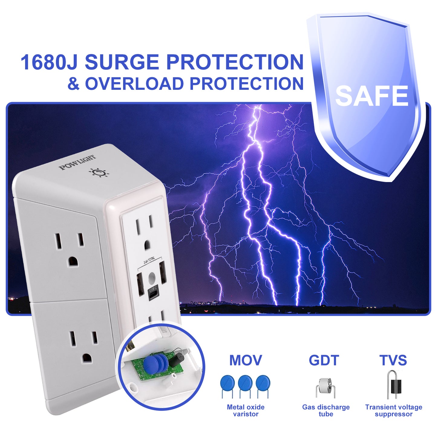 3-Sided Power Strip Outlet Extender - 6 AC Outlets, 3 USB Ports (1 USB-C) and Touch Night Light, Surge Protector for Home, Office, Dorm, White