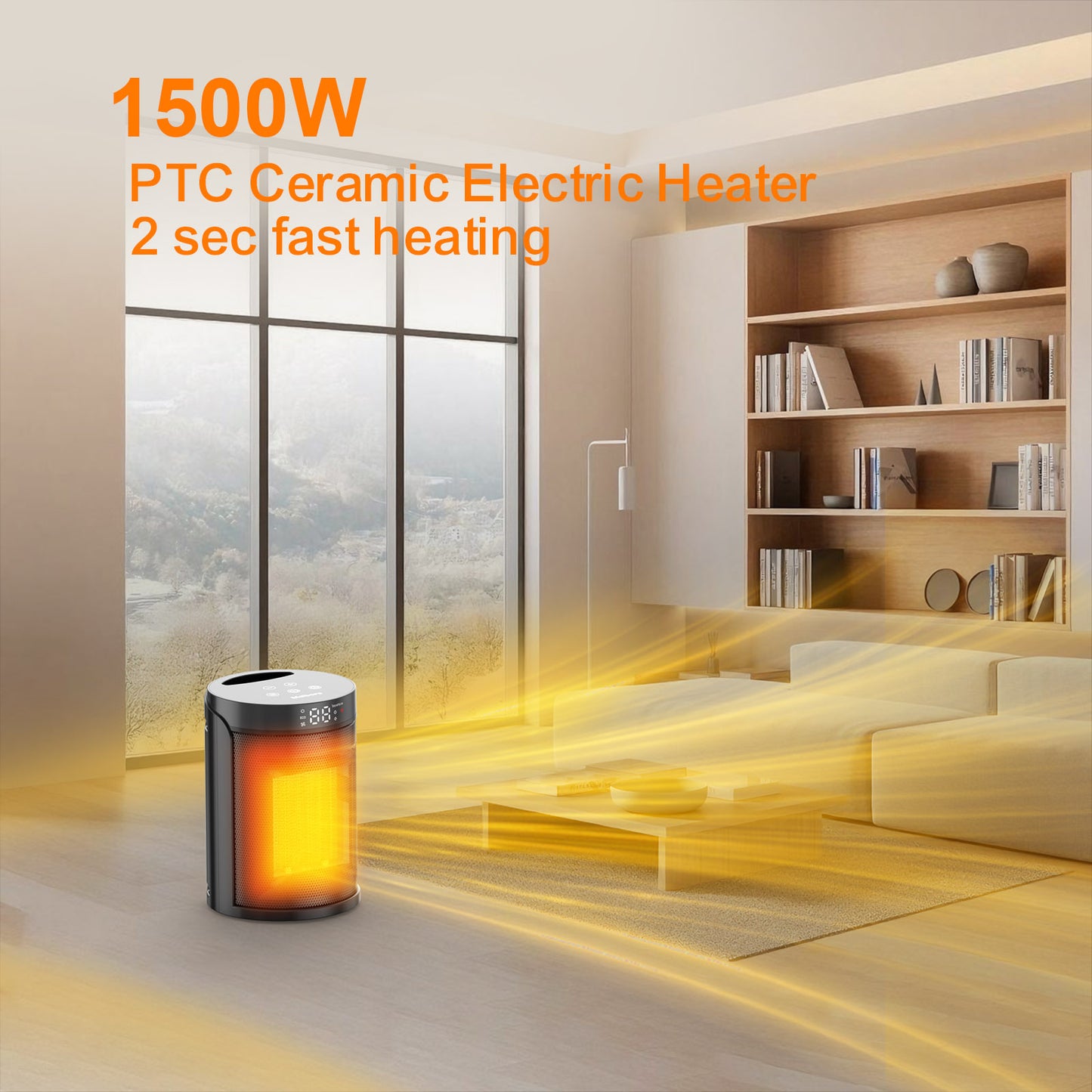 Portable 1500W Ceramic Heater - LED Screen, ECO Mode, Timer & Remote, Suitable for Office and Home, ETL