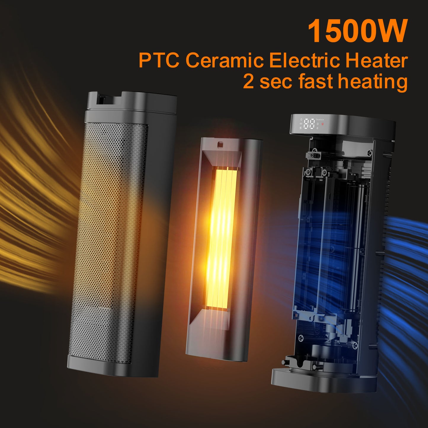 Electric Space Heater with Remote and LED Touchscreen, 700W/1000W/1500W Adjustable Heat, 12-Hour Timer, Compact Space Heater for Home & Office