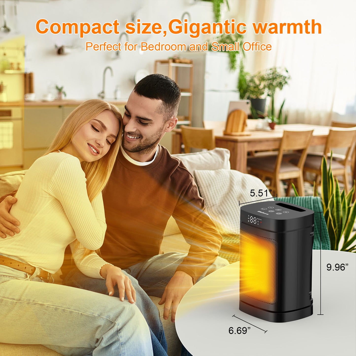 Compact Indoor Space Heater - 3 Heat Settings/ECO Temperature Control, Remote Control with Wide-Angle Oscillation, LED Display, Electric Heater for Home and Office