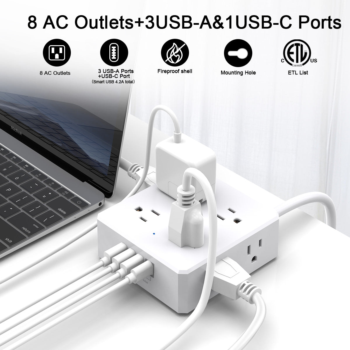 6 Ft Extension Cord Power Strip, ONDOG 3 Side 8 Widely Surge Protector Outlets with 4 USB Ports,Flat Plug,Wall Mount,ETL,White