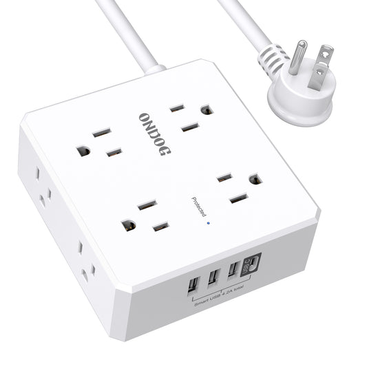 6 Ft Extension Cord Power Strip, ONDOG 3 Side 8 Widely Surge Protector Outlets with 4 USB Ports,Flat Plug,Wall Mount,ETL,White