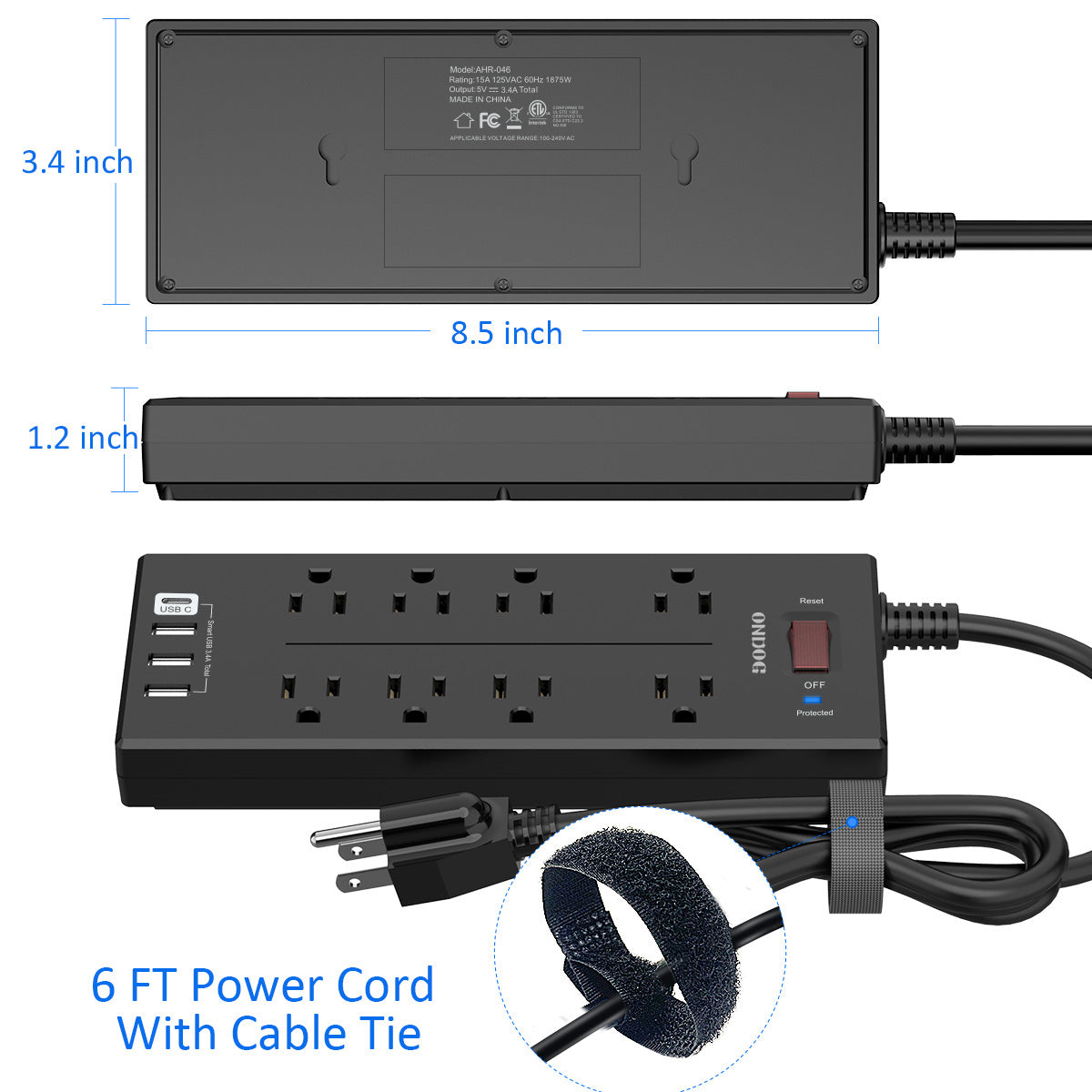 Surge Protector - 8 AC Outlets and 4 USB Ports (1 USB-C), 6 FT Extension Cord Power Strip, Black