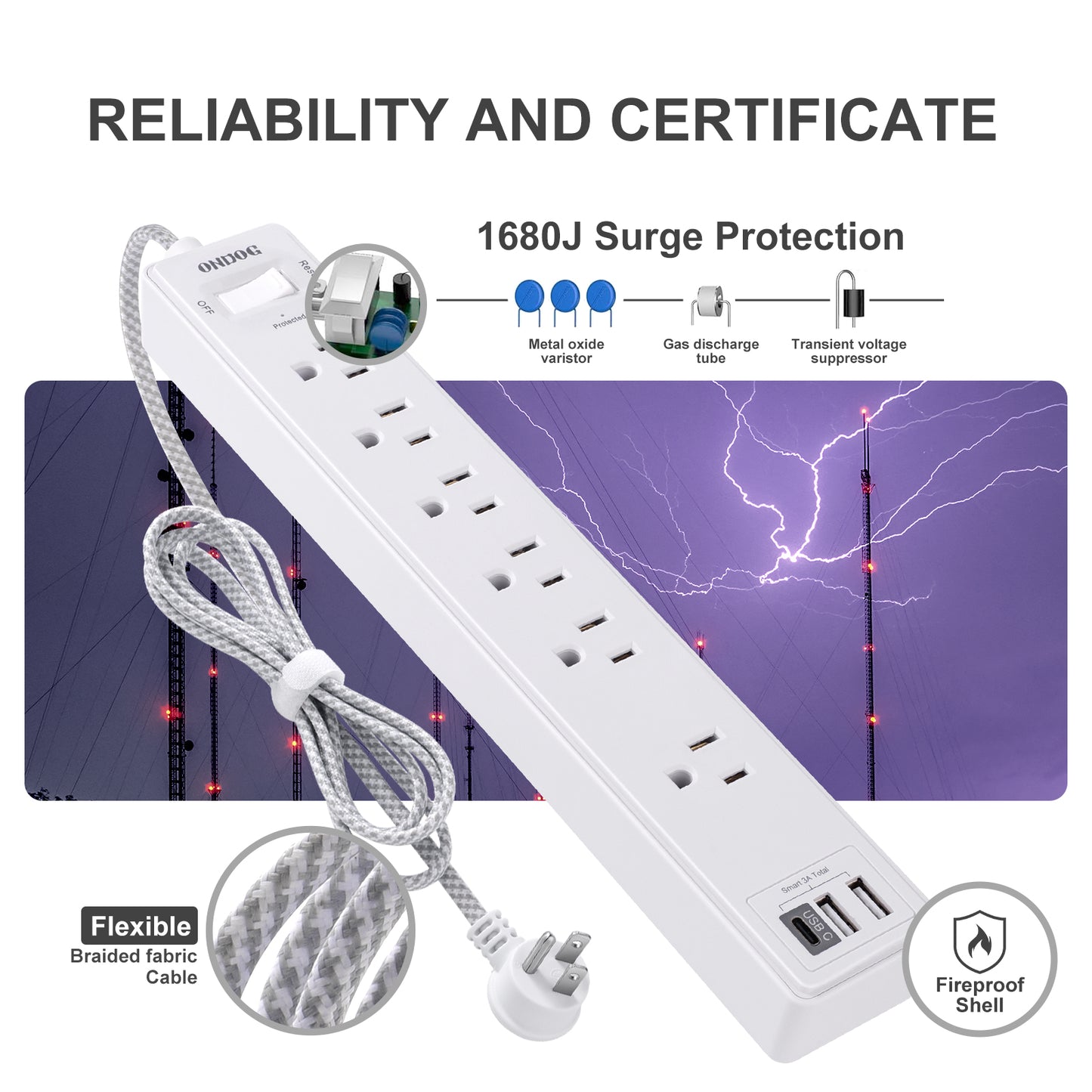 Surge Protector Power Strip - 6 Outlets and 3 USB Charging Ports (1 USB-C), 6 Ft Braided Extension Cord for Home, Office, White