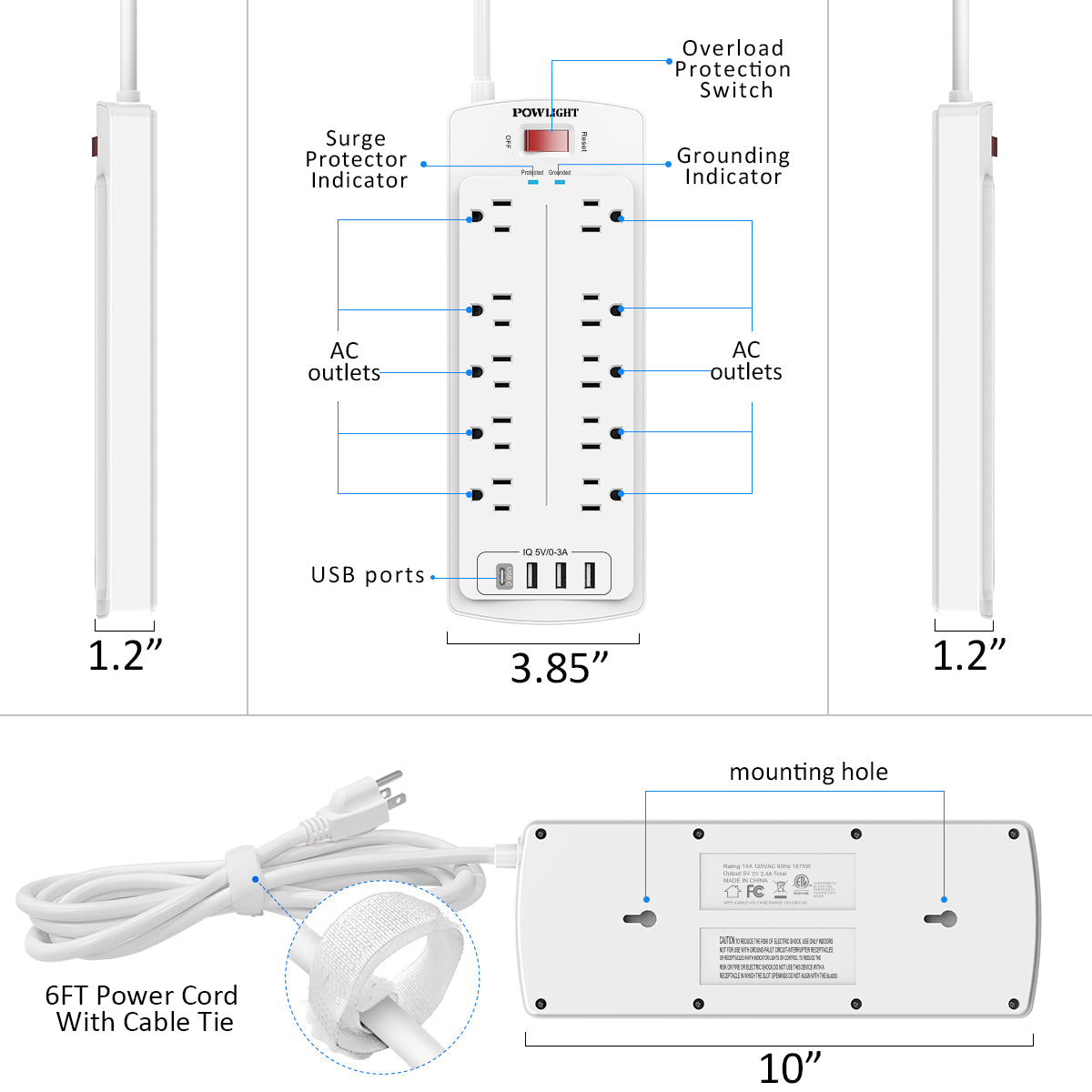 Power Strip Surge Protector - 10 AC Outlets and 4 USB Ports (1 USB-C), 6FT Extension Cord, Overload Protection for Home and Office Use