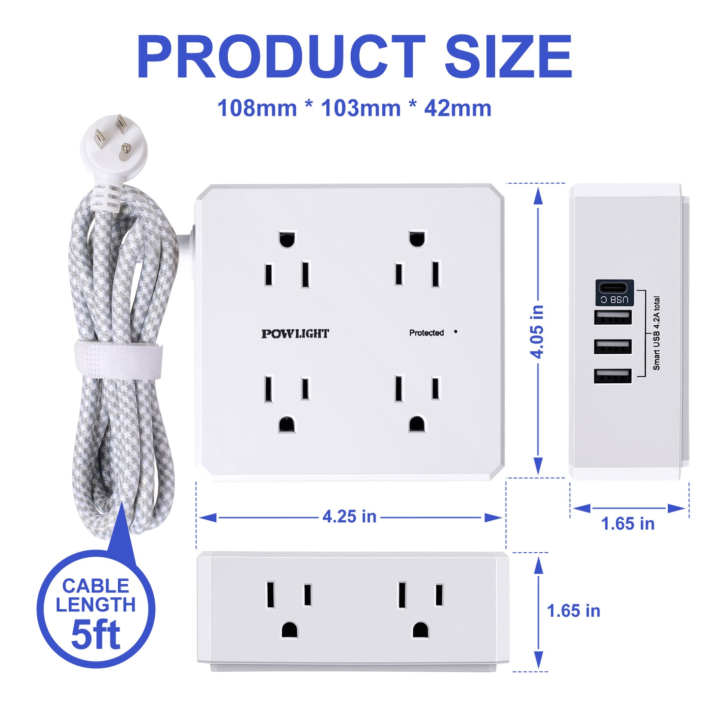 3-Sided Surge Protector Power Strip – 8 Wide Outlets, 4 USB (1 USB-C), 5FT Braided Extension Cord, 900 Joules, for Home & Office