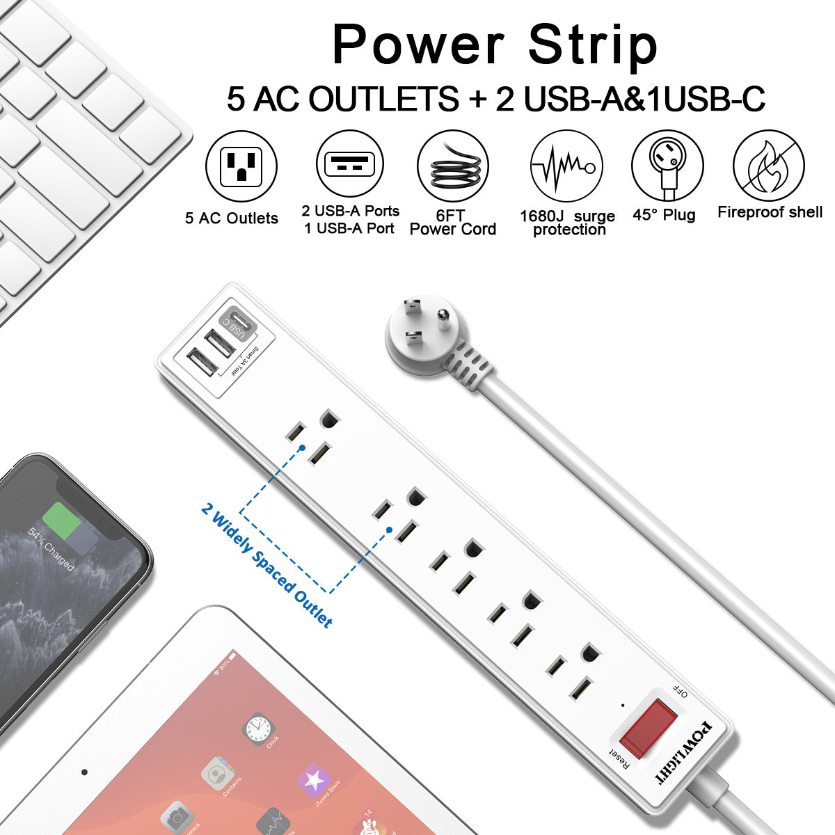 8-in-1 Power Strip with USB C Fast Charging, 5 Widely Spaced Outlets, 6FT Heavy-Duty Cord (1680J), Surge Protector for Home Office, ETL Certified