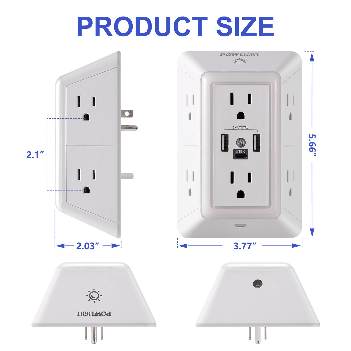 3-Sided Power Strip Outlet Extender - 6 AC Outlets, 3 USB Ports (1 USB-C) and Touch Night Light, Surge Protector for Home, Office, Dorm, White