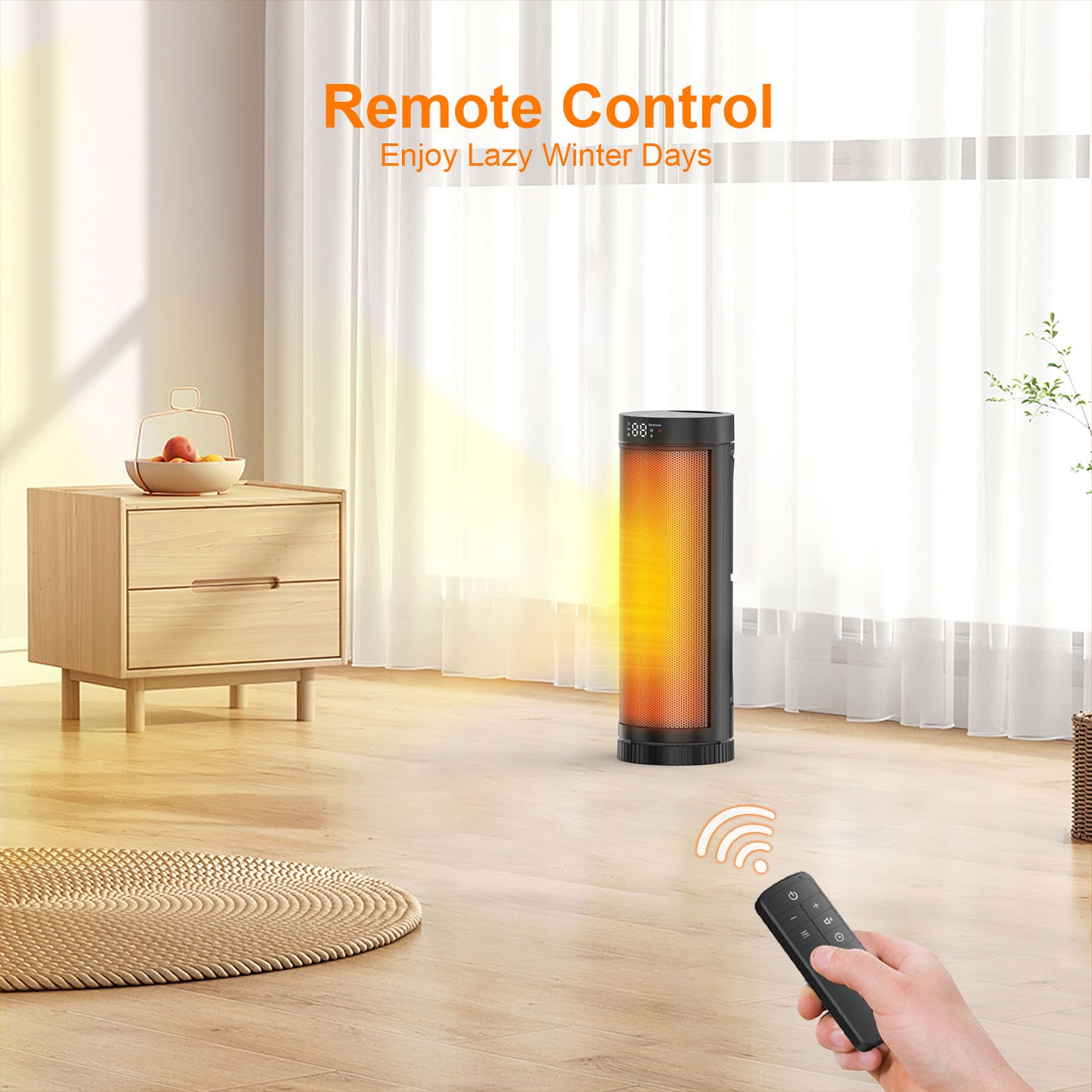 17-Inch PTC Ceramic Space Heater - 3 Heat Settings, 12-Hour Timer, Remote Control, Tip-Over & Overheat Protection, Electric Heater for Bedroom & Office, ETL