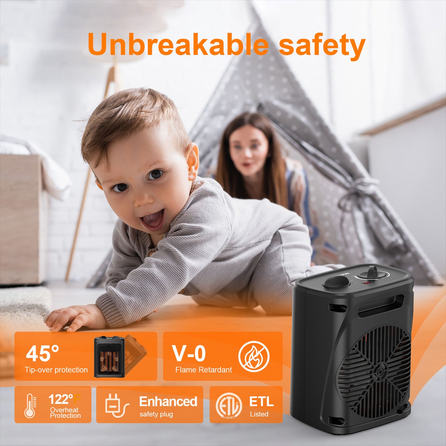 1500W Portable Space Heater for Indoor Use, Fast Heating for Rooms up to 200 sq.ft, Overheat & Tip-Over Protection, Compact Electric Heater for Home & Office Use