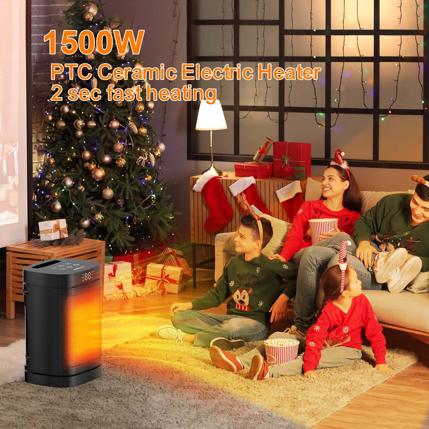 Compact Indoor Space Heater - 3 Heat Settings/ECO Temperature Control, Remote Control with Wide-Angle Oscillation, LED Display, Electric Heater for Home and Office