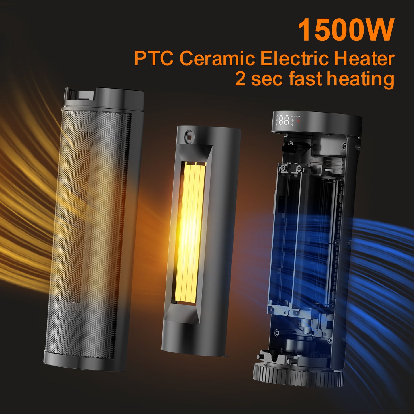 17-Inch PTC Ceramic Space Heater - 3 Heat Settings, 12-Hour Timer, Remote Control, Tip-Over & Overheat Protection, Electric Heater for Bedroom & Office, ETL