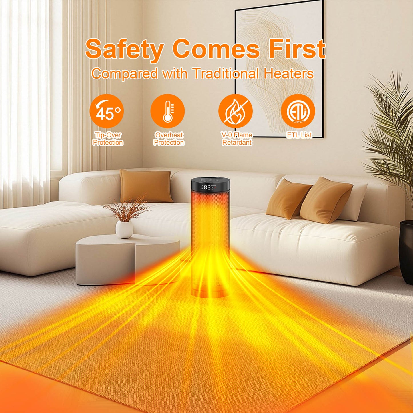 17-Inch PTC Ceramic Space Heater - 3 Heat Settings, 12-Hour Timer, Remote Control, Tip-Over & Overheat Protection, Electric Heater for Bedroom & Office, ETL