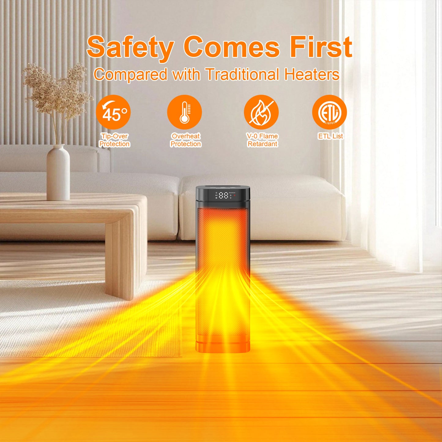 Electric Space Heater with Remote and LED Touchscreen, 700W/1000W/1500W Adjustable Heat, 12-Hour Timer, Compact Space Heater for Home & Office