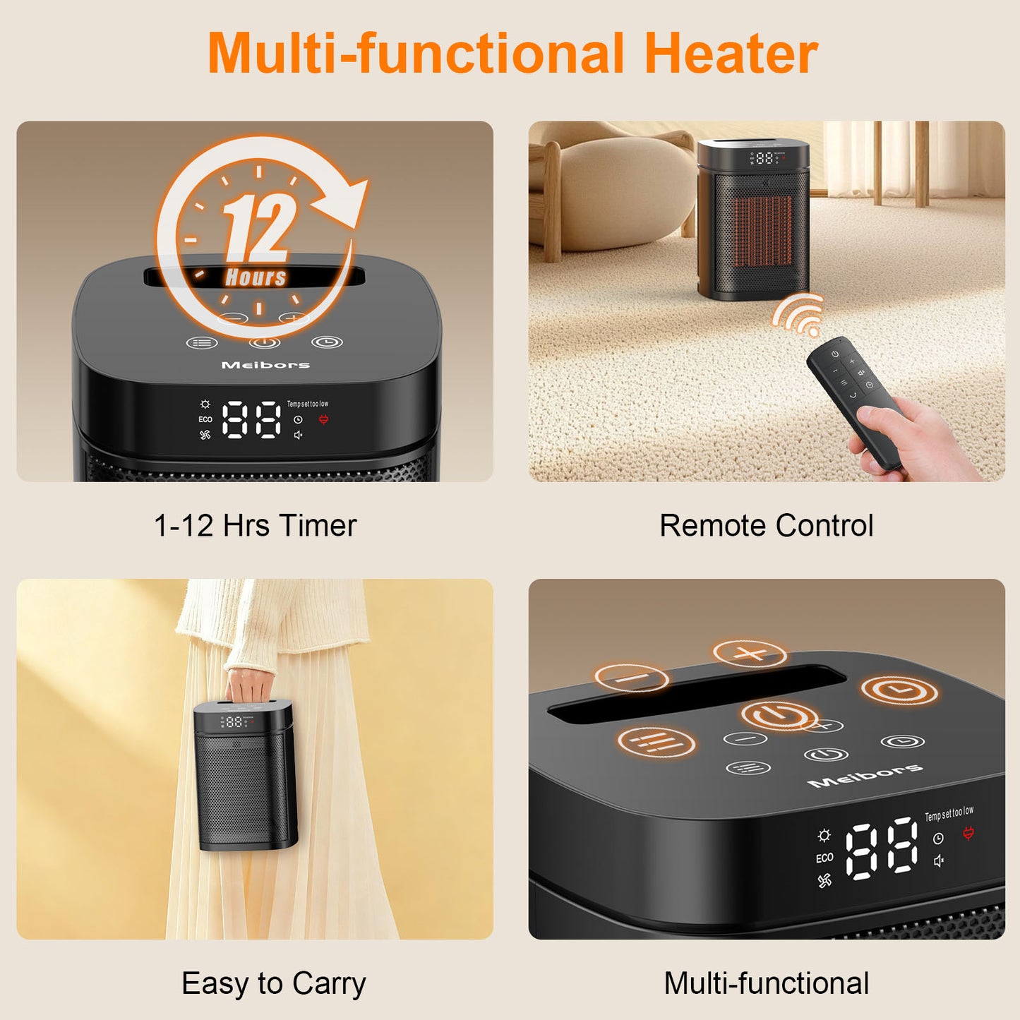 Portable Ceramic Space Heater with 3 Adjustable Heat Modes, Remote Control and Timer, Digital Display, Suitable for Bedroom, Office, or Living Room