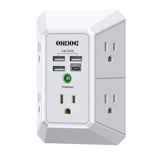 ONDOG Surge Protector, 5 Outlets Extender with 4 USB PortsUSB C, 3-Side 1800J