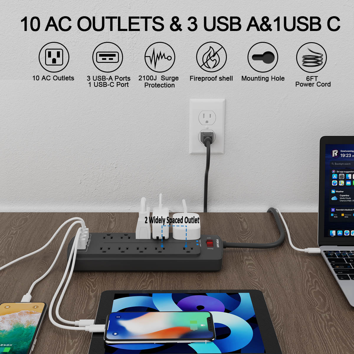 14-in-1 Surge Protector Power Strip - 10 AC Outlets and 4 USB Ports (1 USB-C), 6FT Heavy-Duty Extension Cord, Overload Protection for Home Office Use, Black