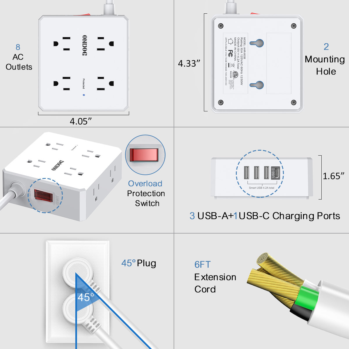 6 Ft Extension Cord Power Strip, ONDOG 3 Side 8 Widely Surge Protector Outlets with 4 USB Ports,Flat Plug,Wall Mount,ETL,White