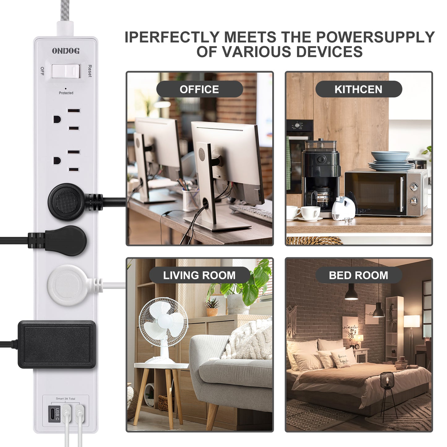 Surge Protector Power Strip - 6 Outlets and 3 USB Charging Ports (1 USB-C), 6 Ft Braided Extension Cord for Home, Office, White