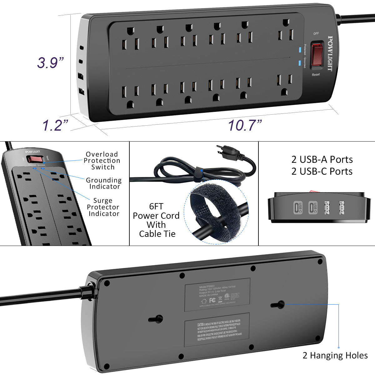 Surge Protector Power Strip with 12 AC Outlets, 4 USB Charging Ports (2 USB-C), 2700J Surge Protection, 6 Ft Extension Cord (1875W/15A) for Home and Office Use