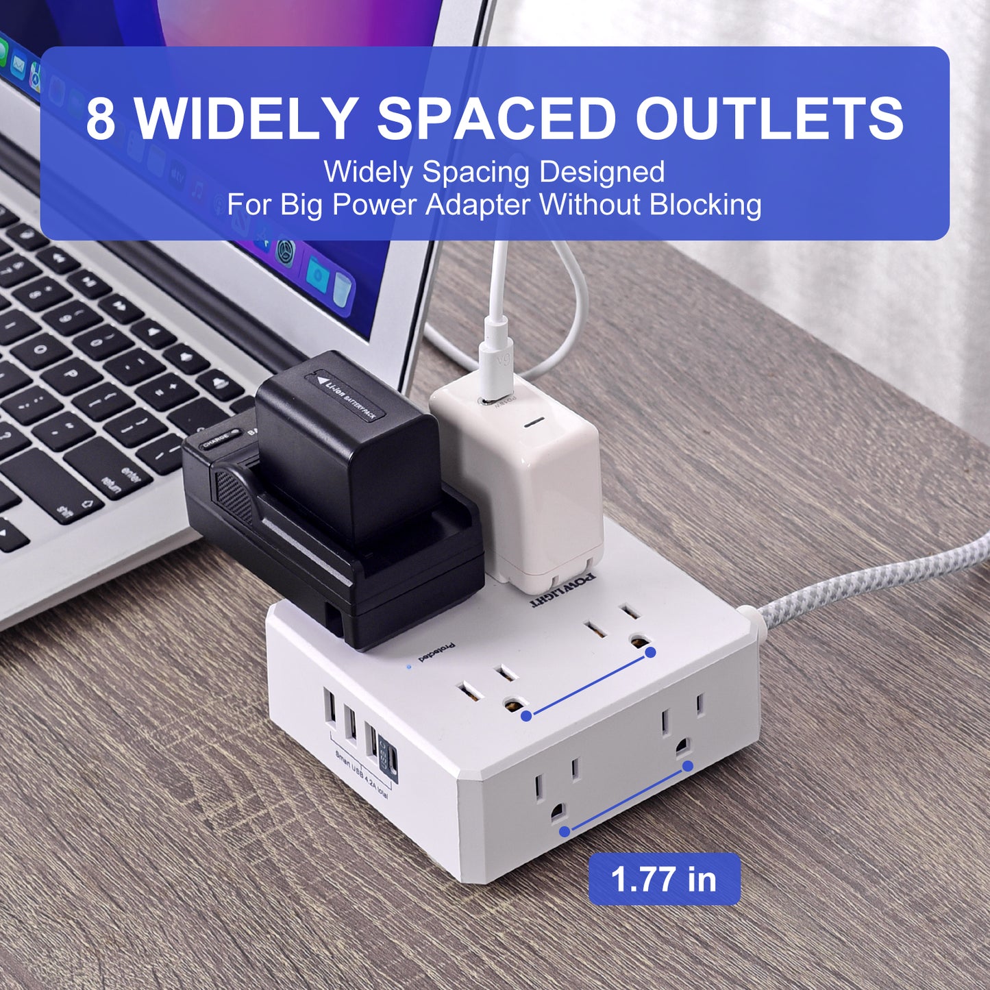 3-Sided Surge Protector Power Strip – 8 Wide Outlets, 4 USB (1 USB-C), 5FT Braided Extension Cord, 900 Joules, for Home & Office