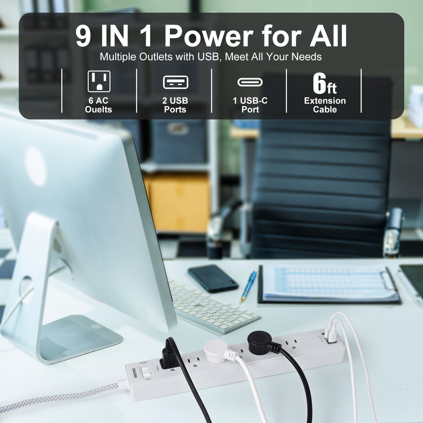Surge Protector Power Strip - 6 Outlets and 3 USB Charging Ports (1 USB-C), 6 Ft Braided Extension Cord for Home, Office, White