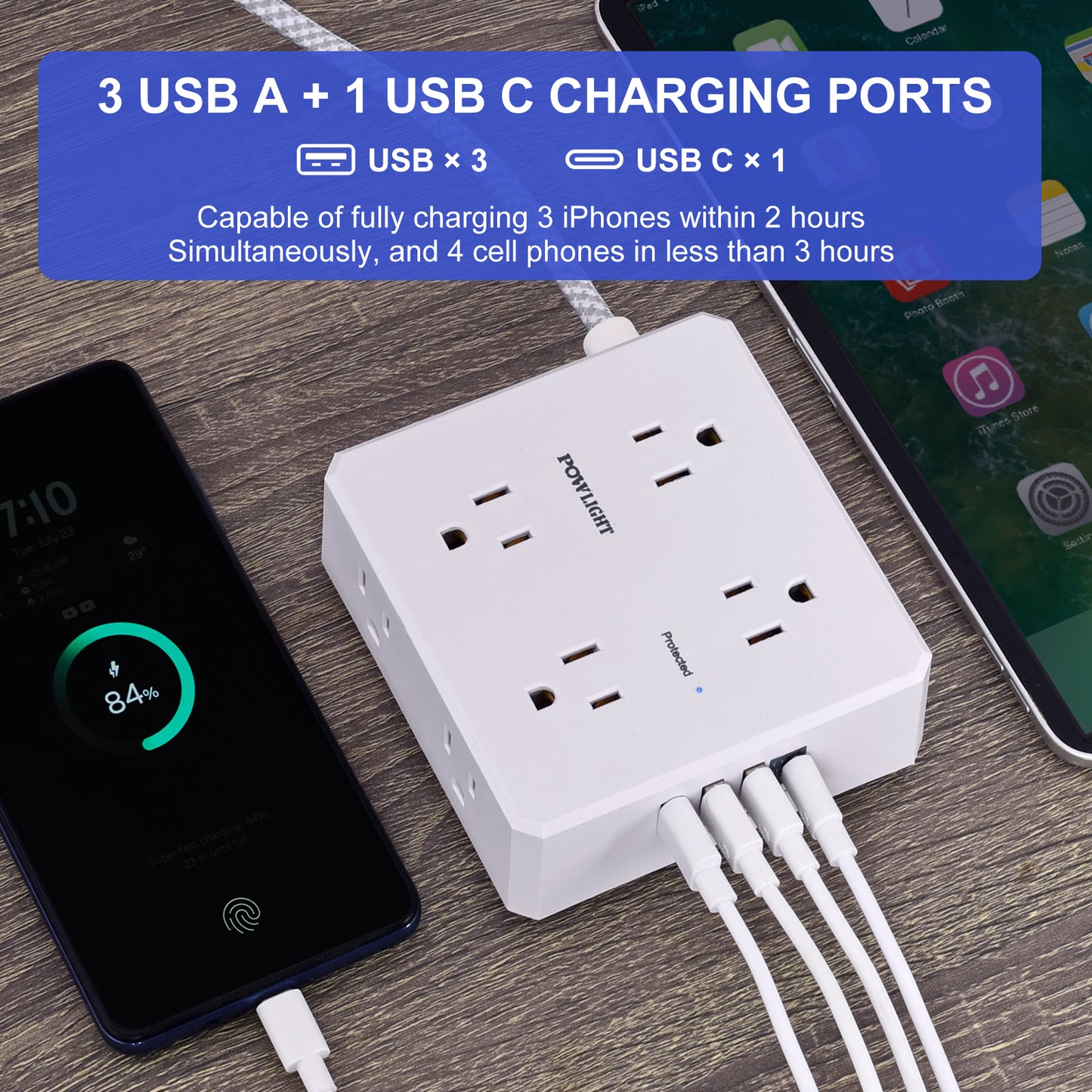 3-Sided Surge Protector Power Strip – 8 Wide Outlets, 4 USB (1 USB-C), 5FT Braided Extension Cord, 900 Joules, for Home & Office