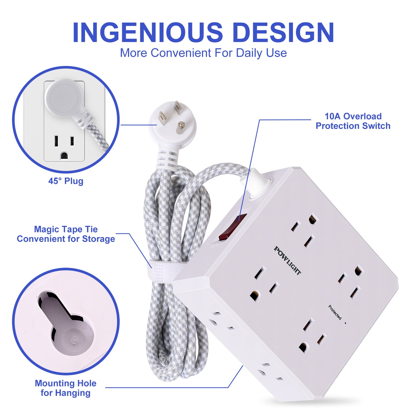 3-Sided Surge Protector Power Strip – 8 Wide Outlets, 4 USB (1 USB-C), 5FT Braided Extension Cord, 900 Joules, for Home & Office
