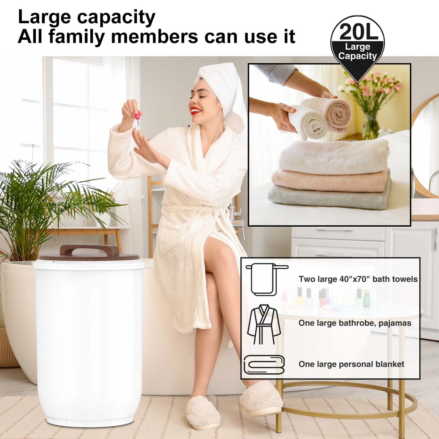 Large Towel Warmer for Bathroom - Heated Towel Warmers Bucket, Wooden Lid, Auto Shut Off, Fits Up to Two 40"X70" Oversized Towels, Best Ideals