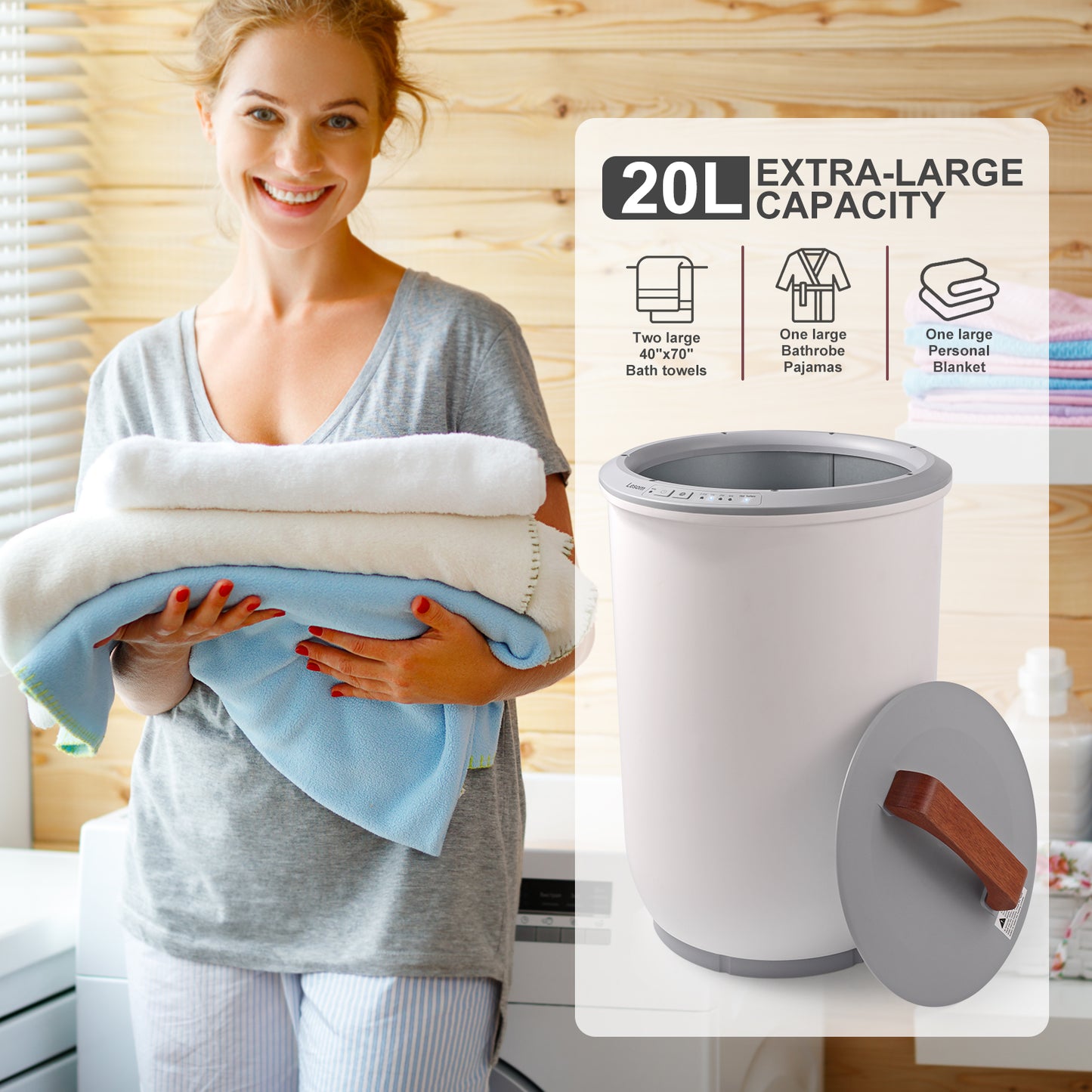 Electric Towel Warmer Bucket, 20L Capacity with Wooden Lid, 2 Large 40x70 Towels, 450W Fast Heating for Bathroom Use