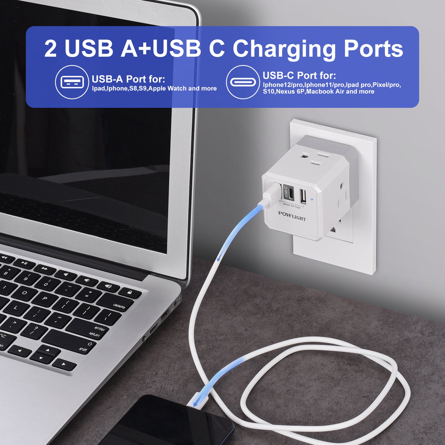 Portable Wall Outlet Extender with 3 Outlets & USB-C, Cruise Ship Approved, Perfect for Travel & Home
