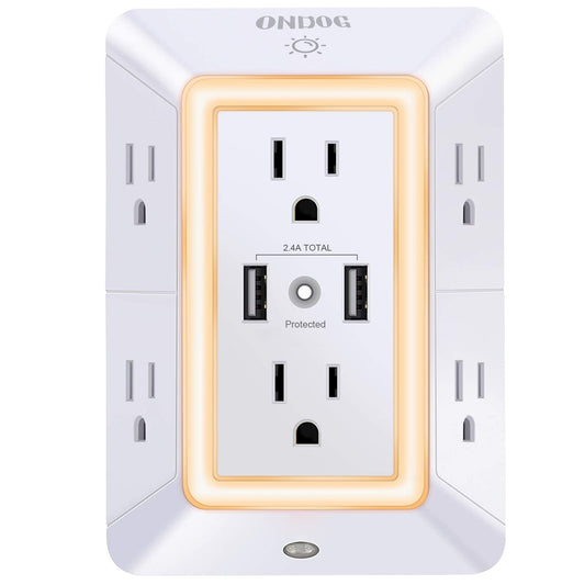 ONDOG 3 Sided Outlet Extender 6 Outlets with 2 USB Ports, Multi Plug Outlet Splitter for Home, Office