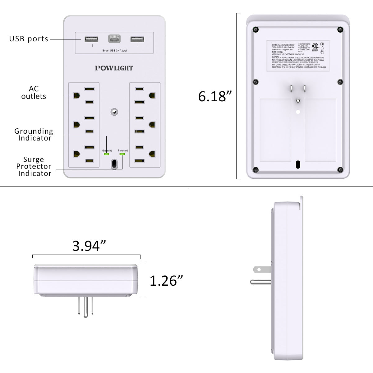 Wall Mount Surge Protector - 6 AC Outlets, 3 USB Charging Ports, Surge Protection for Home and Office